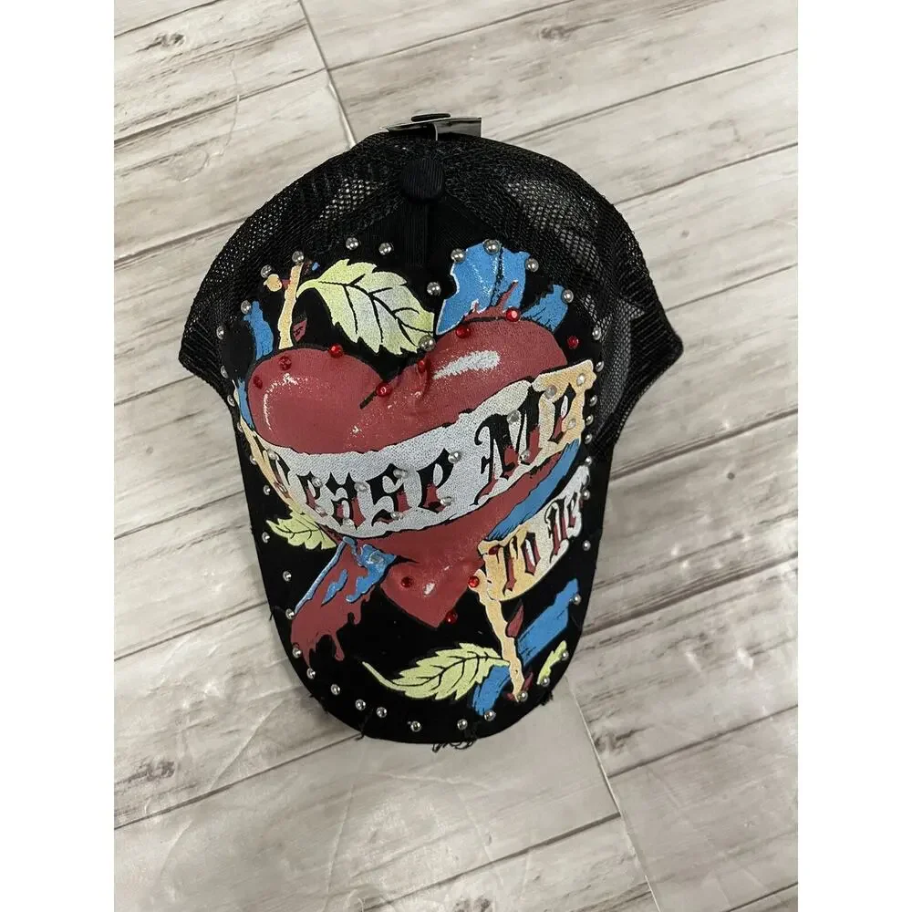 Bulzeye Hat Mens Beaded Cap Tease Me Print Heart Embroidered Ripped A14